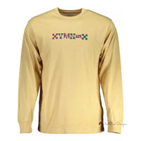 Beige Long Sleeve Cotton Tee with Logo Print