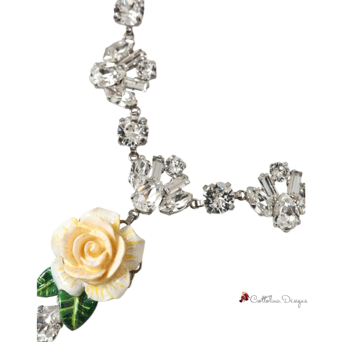 Silver Brass Clear Crystal Roses Pendants Necklace