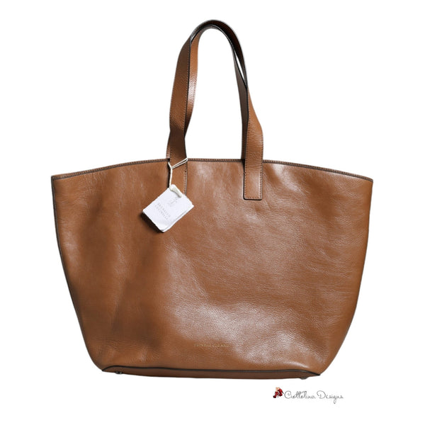 Brown Leather Logo Shoulder Strap Shopping Tote Bag