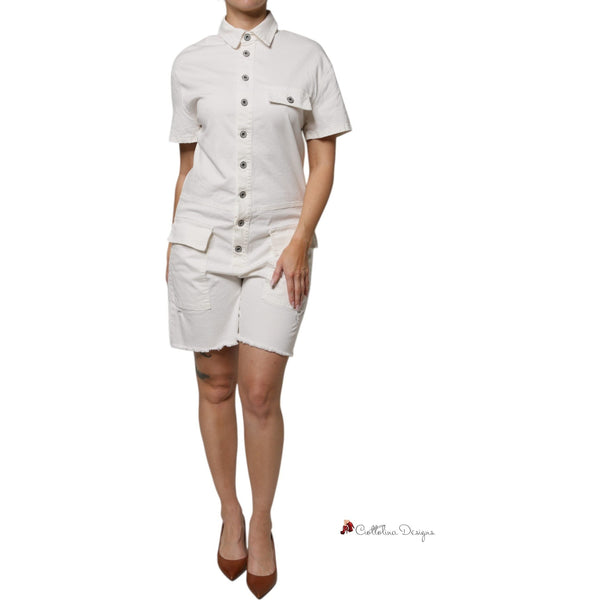 White Cotton Short Sleeves Button Down Romper Dress