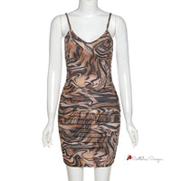 Low Cut V-Neck Leopard Ruched Dress Sleeveless Summer Sling Backless Mini