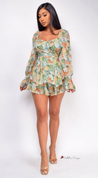 Summer Long Sleeve Floral Backless Playsuit