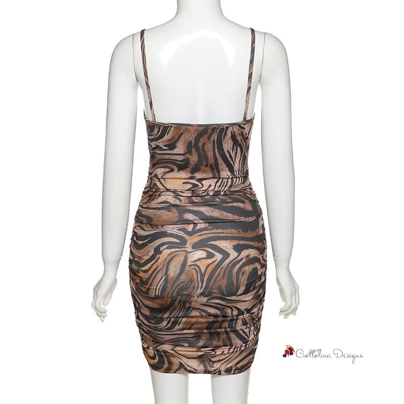 Low Cut V-Neck Leopard Ruched Dress Sleeveless Summer Sling Backless Mini