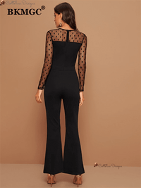 Elegant Mesh Splicing O-Neck Long Sleeve Jumpsuit