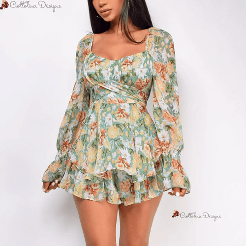 Summer Long Sleeve Floral Backless Playsuit